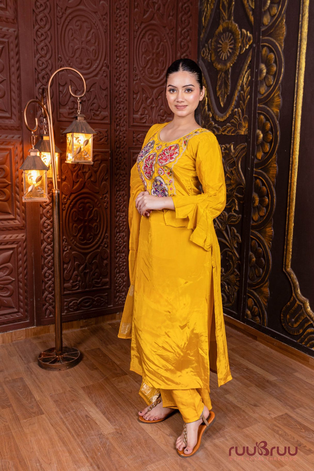 Pure Silk Shimmer Ladies Suit with Patchwork & Embroidered Bottom.