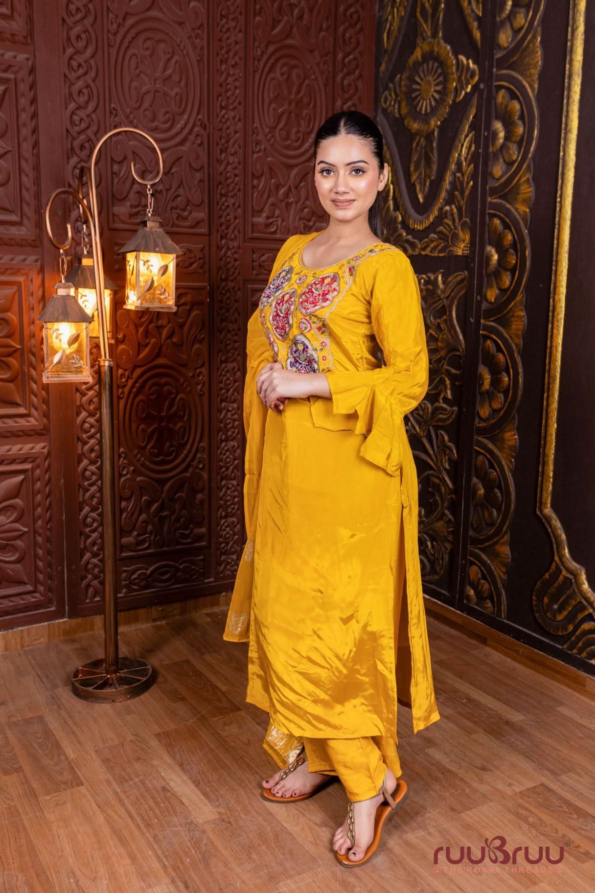 Pure Silk Shimmer Ladies Suit with Patchwork & Embroidered Bottom.