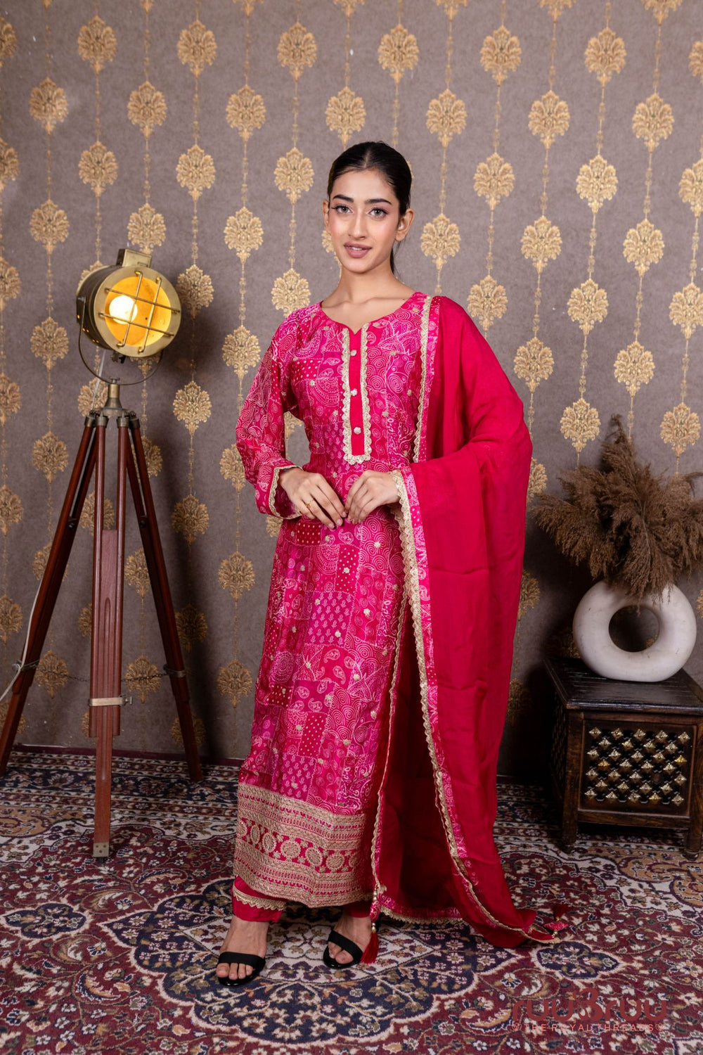 Pure Chanderi Silk Ladies Suit with Zari Embroidery & Digital Print.