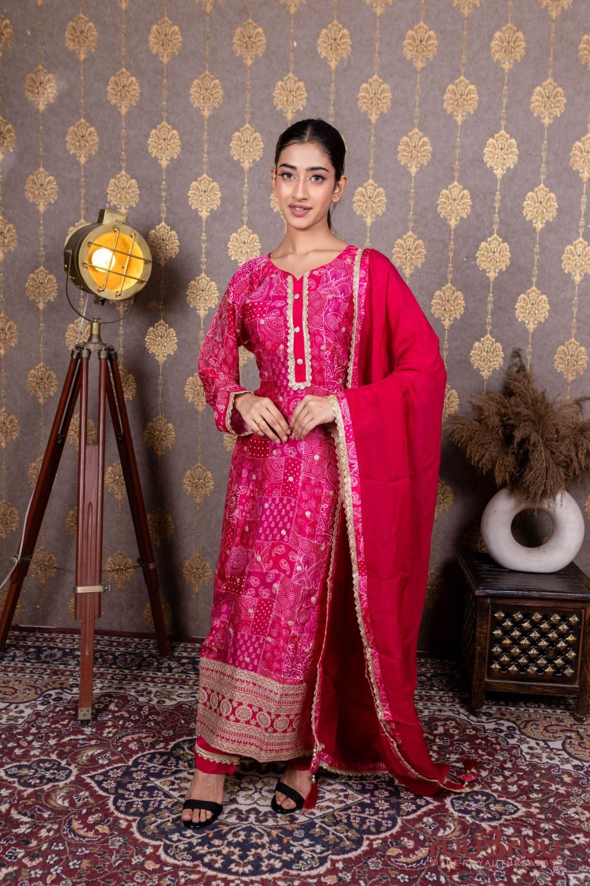 Pure Chanderi Silk Ladies Suit with Zari Embroidery & Digital Print.