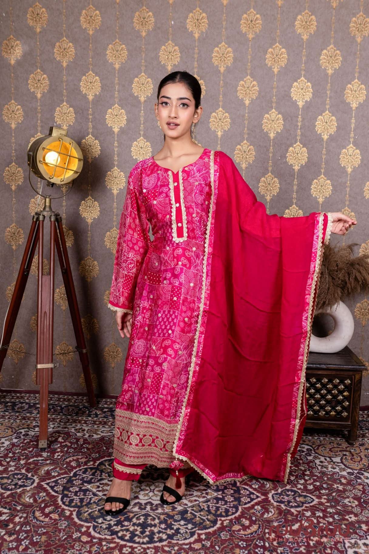 Pure Chanderi Silk Ladies Suit with Zari Embroidery & Digital Print.