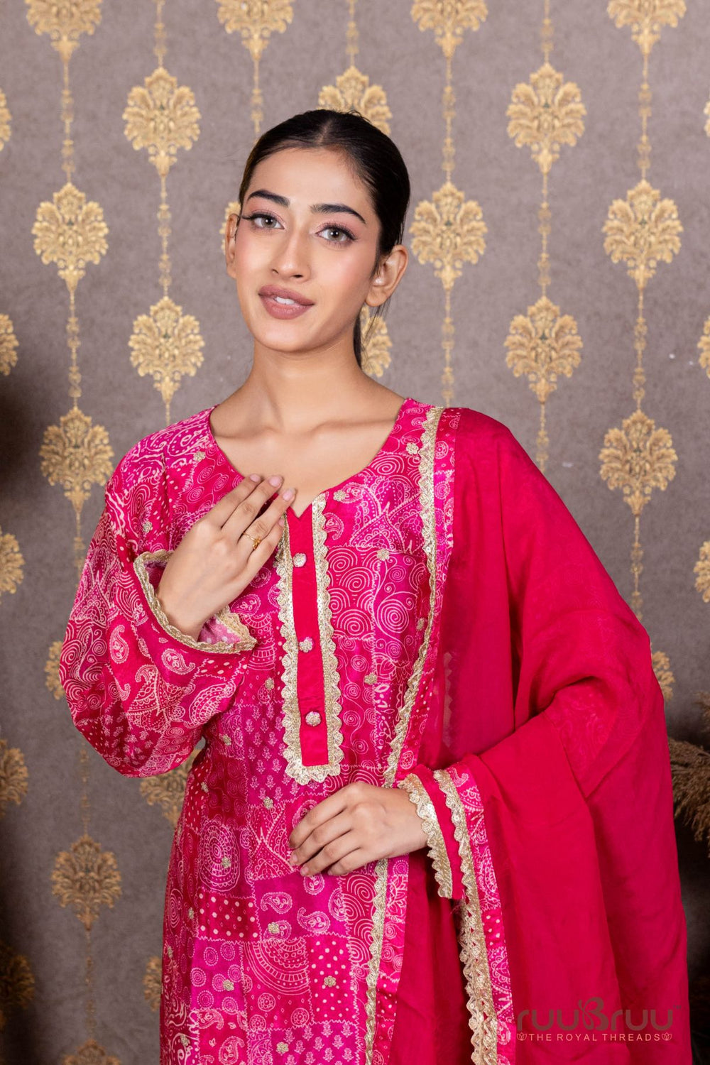 Pure Chanderi Silk Ladies Suit with Zari Embroidery & Digital Print.