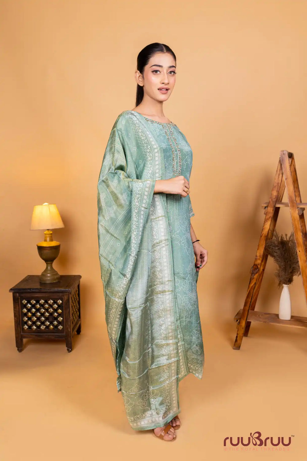 Silk Shimmer Ladies Suit with Embroidery on Neck & Digital Print.