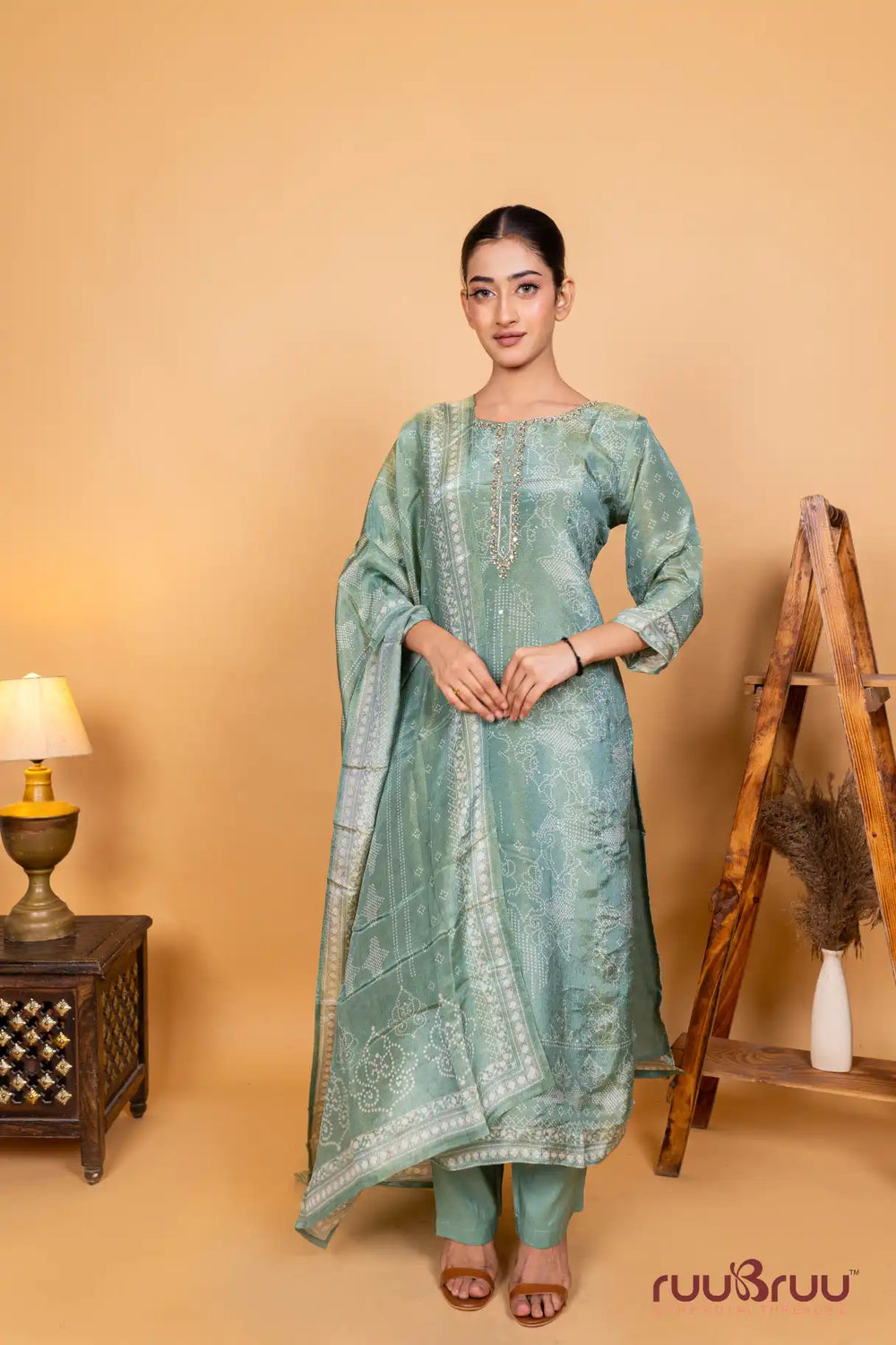 Silk Shimmer Ladies Suit with Embroidery on Neck & Digital Print.