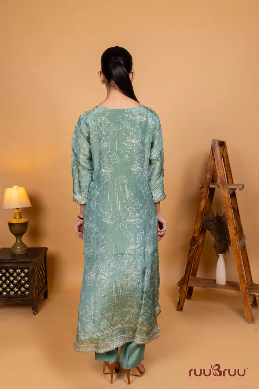Silk Shimmer Ladies Suit with Embroidery on Neck & Digital Print.