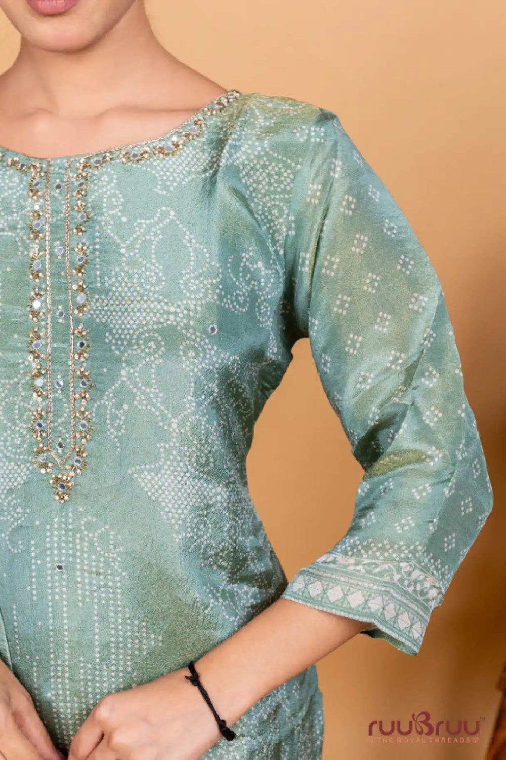 Silk Shimmer Ladies Suit with Embroidery on Neck & Digital Print.