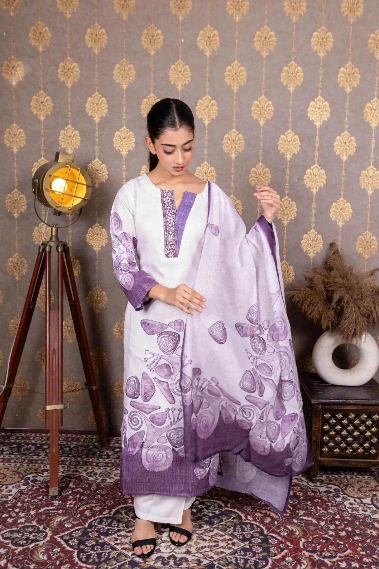Linen Cotton Ladies Suit with Hand Embroidery on Neck & Printed Design.