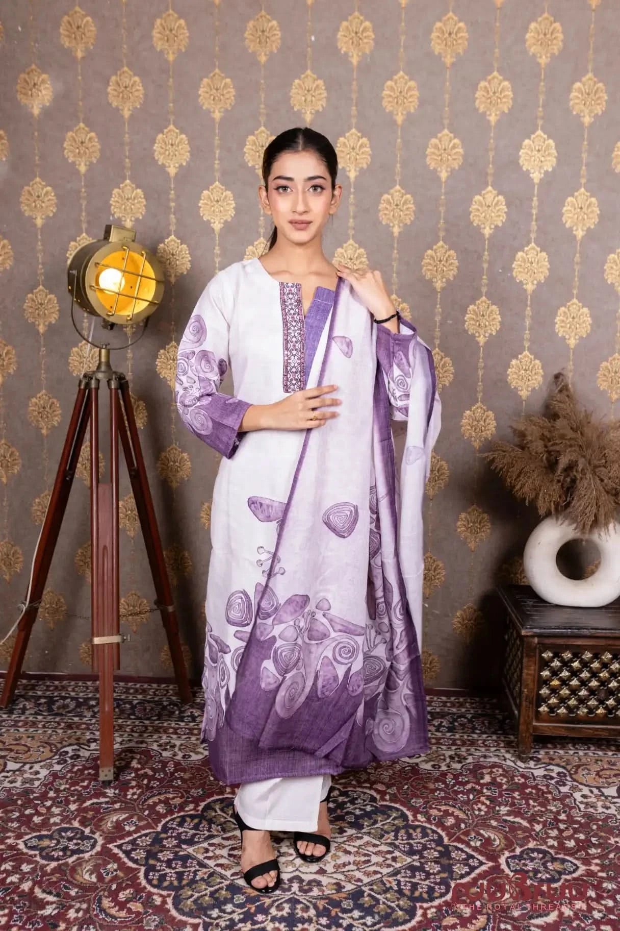 Linen Cotton Ladies Suit with Hand Embroidery on Neck & Printed Design.