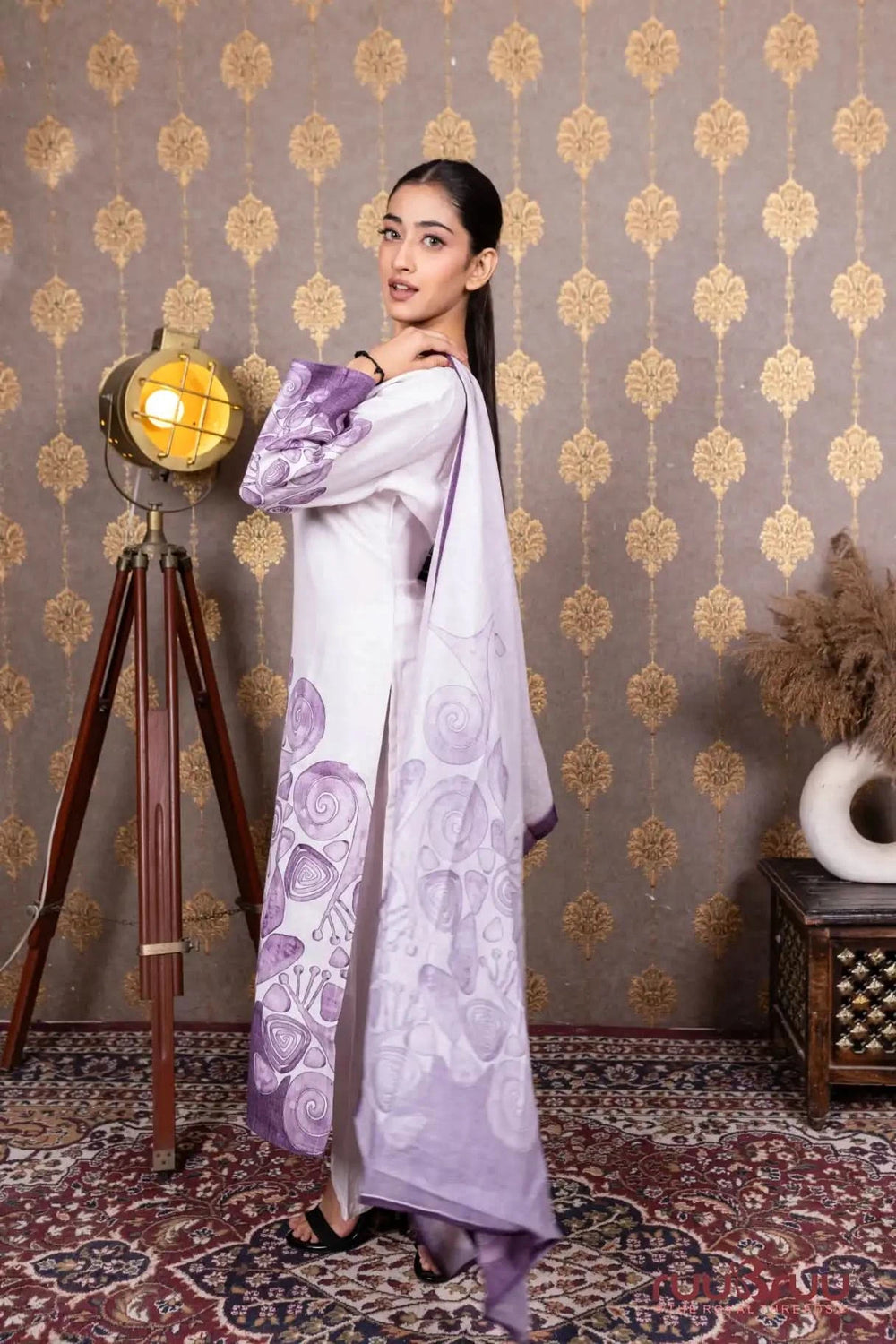 Linen Cotton Ladies Suit with Hand Embroidery on Neck & Printed Design.