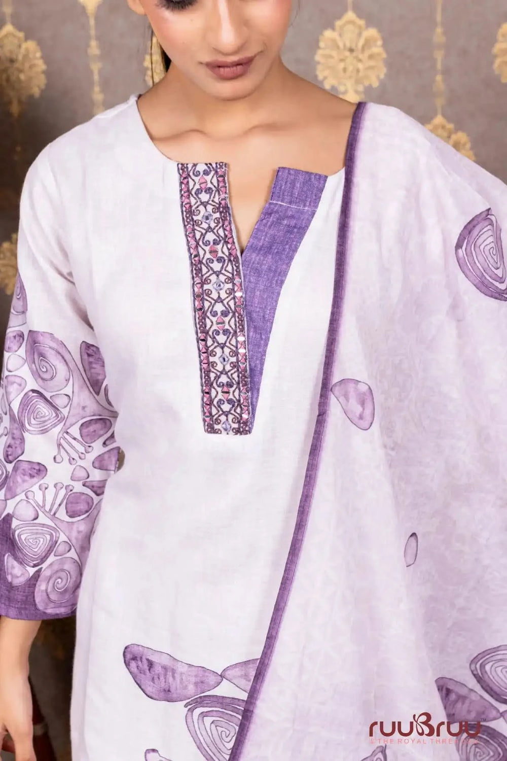 Linen Cotton Ladies Suit with Hand Embroidery on Neck & Printed Design.