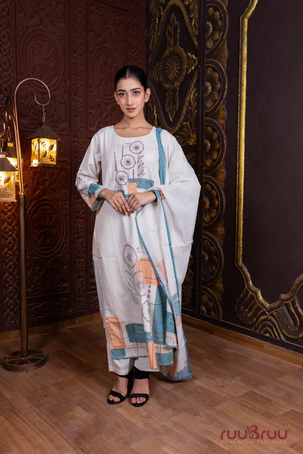 Linen Flex Ladies Suit with Hand Embroidery & Print.