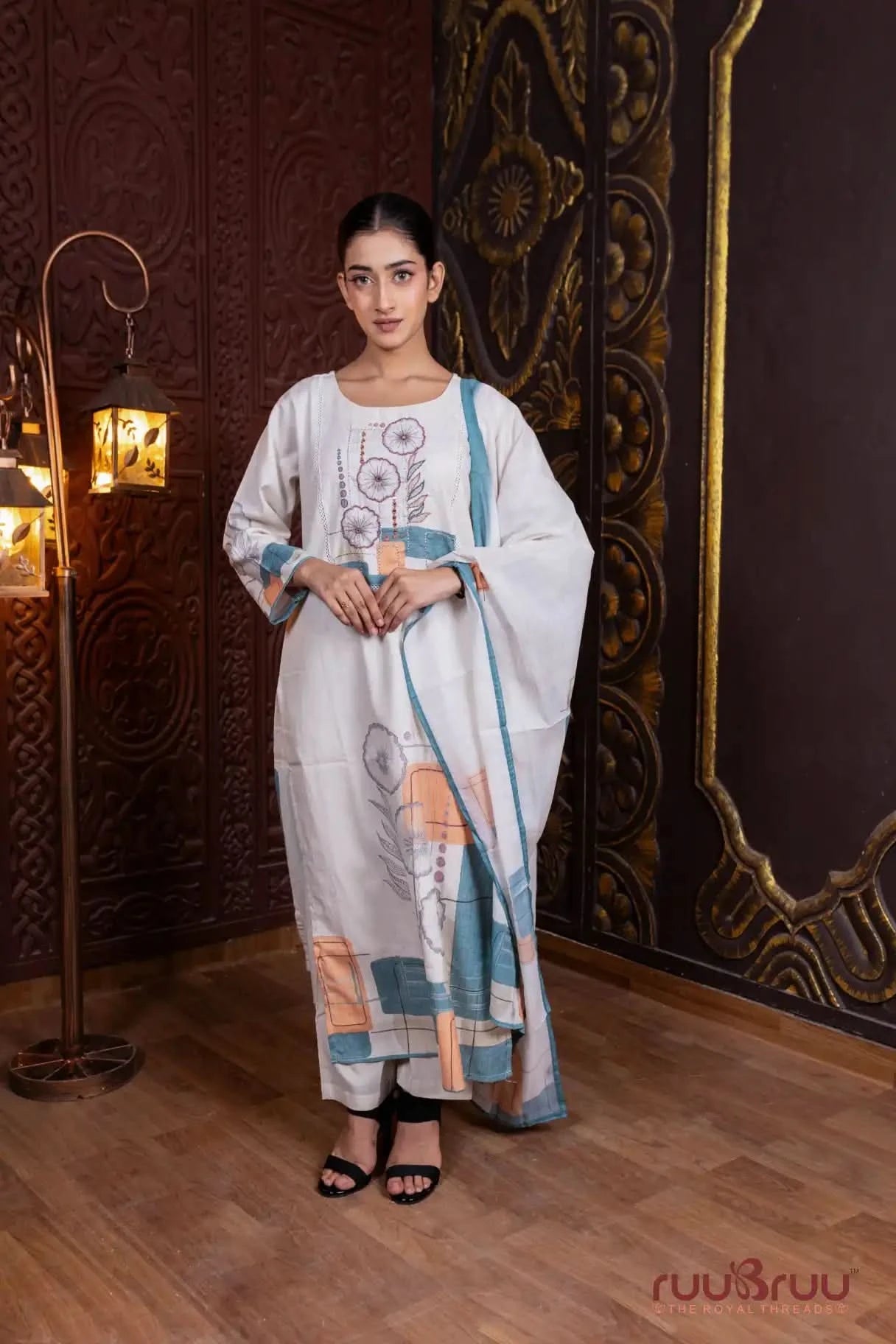 Linen Flex Ladies Suit with Hand Embroidery & Print.