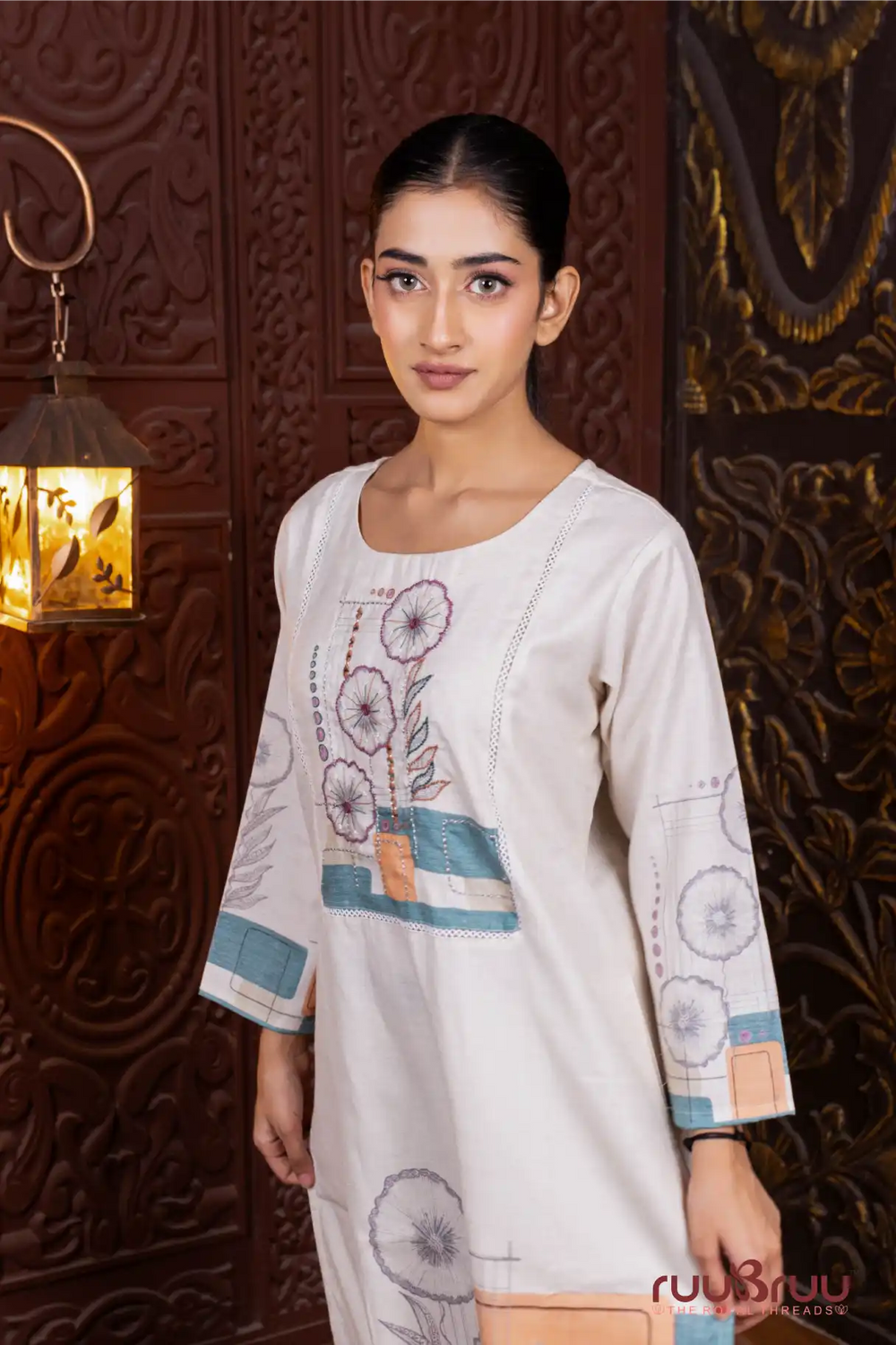 Linen Flex Ladies Suit with Hand Embroidery & Print.