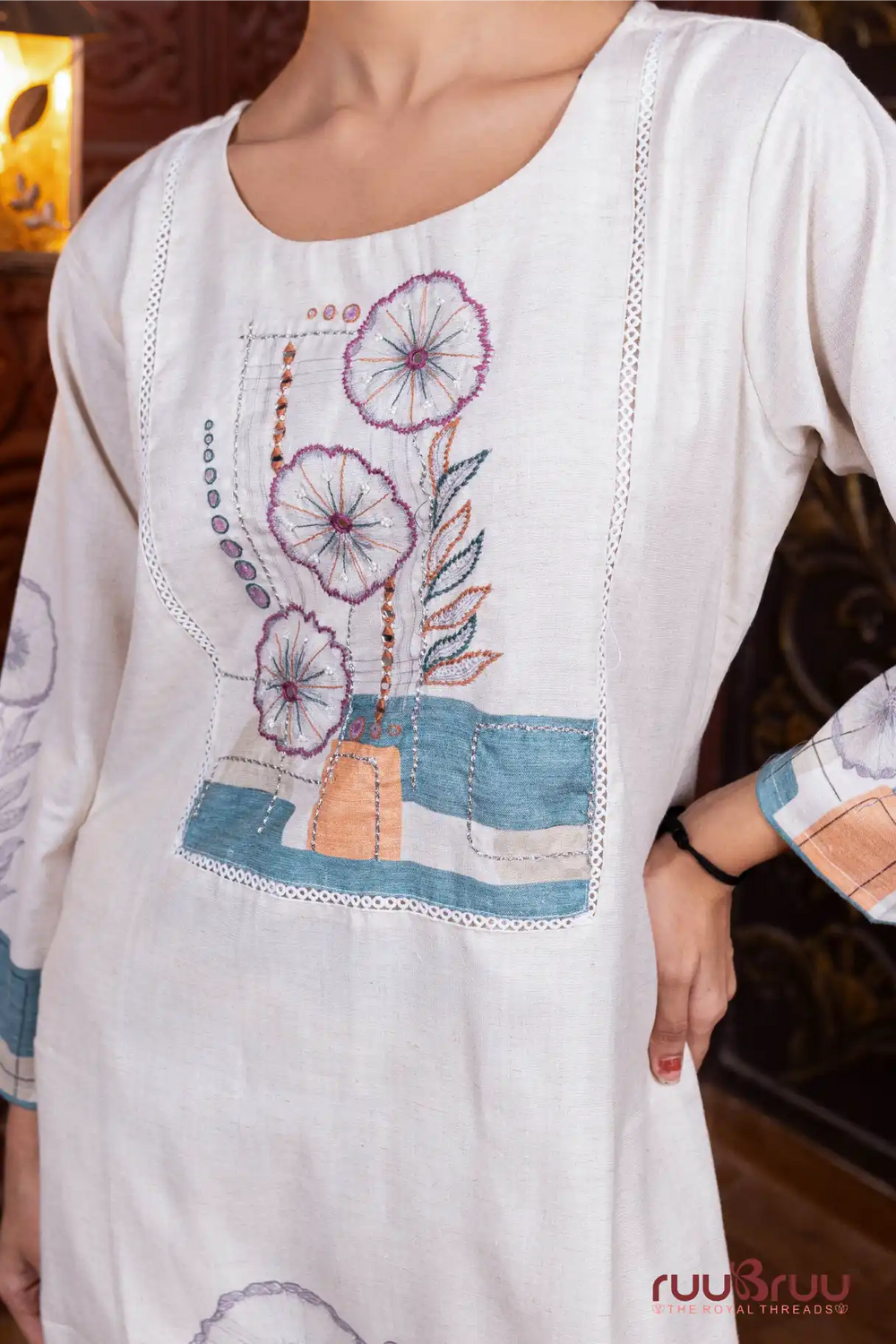Linen Flex Ladies Suit with Hand Embroidery & Print.
