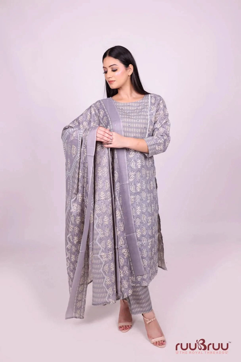 Cambric Cotton Ladies Suit with Embroidery on Neck.