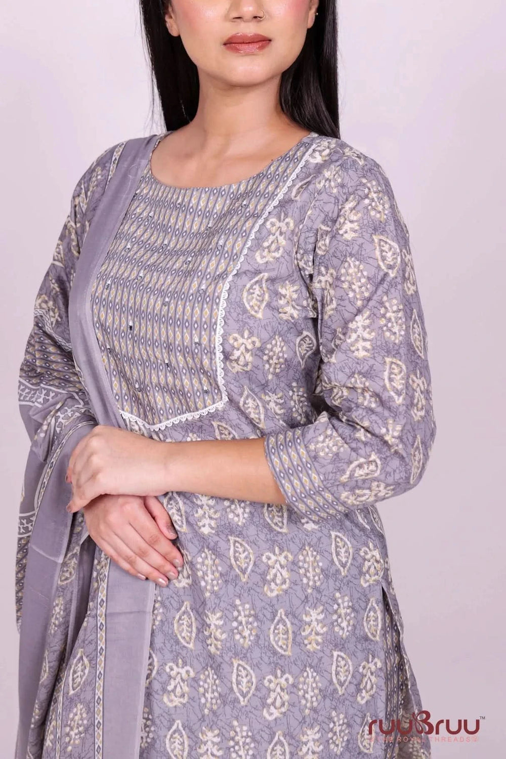 Cambric Cotton Ladies Suit with Embroidery on Neck.