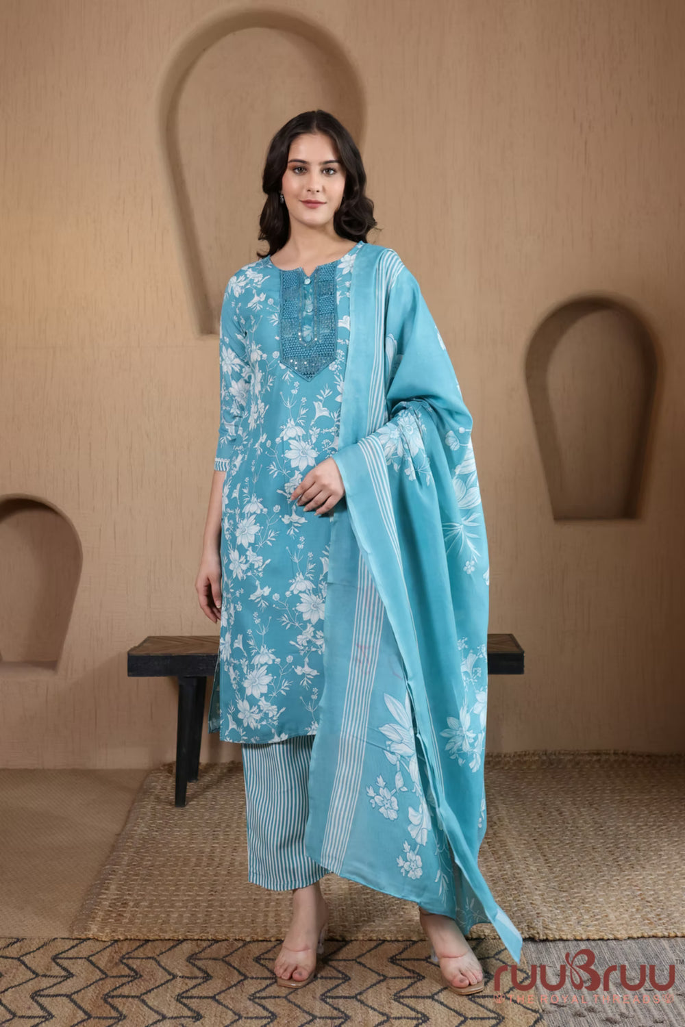 Malai Cotton 3 Pcs Suit with elegant yoke embellishment.