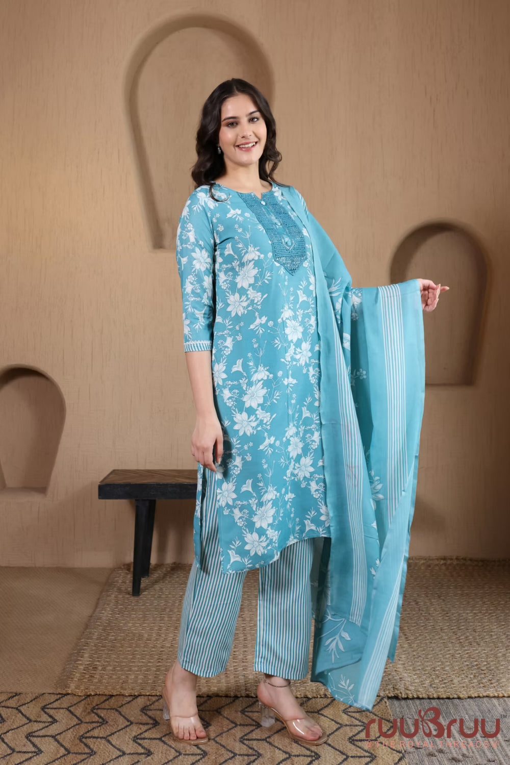 Malai Cotton 3 Pcs Suit with elegant yoke embellishment.