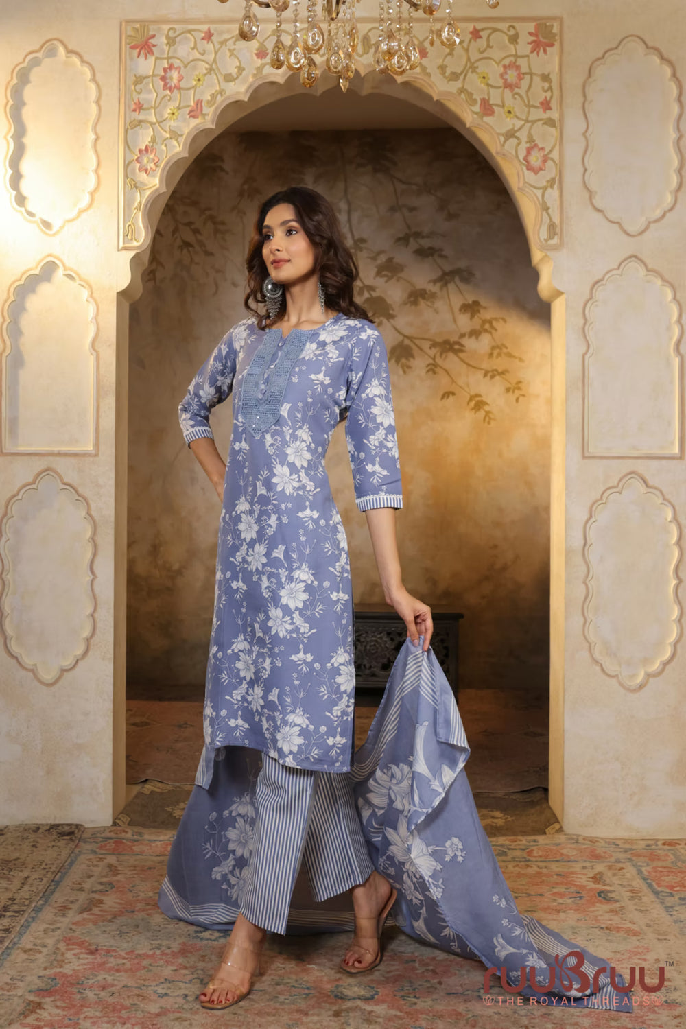 Malai Cotton 3 Pcs Suit with elegant yoke embellishment.
