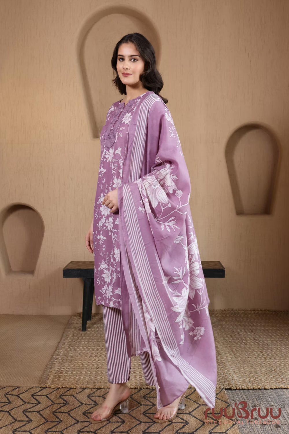 Malai Cotton 3 Pcs Suit with elegant yoke embellishment.