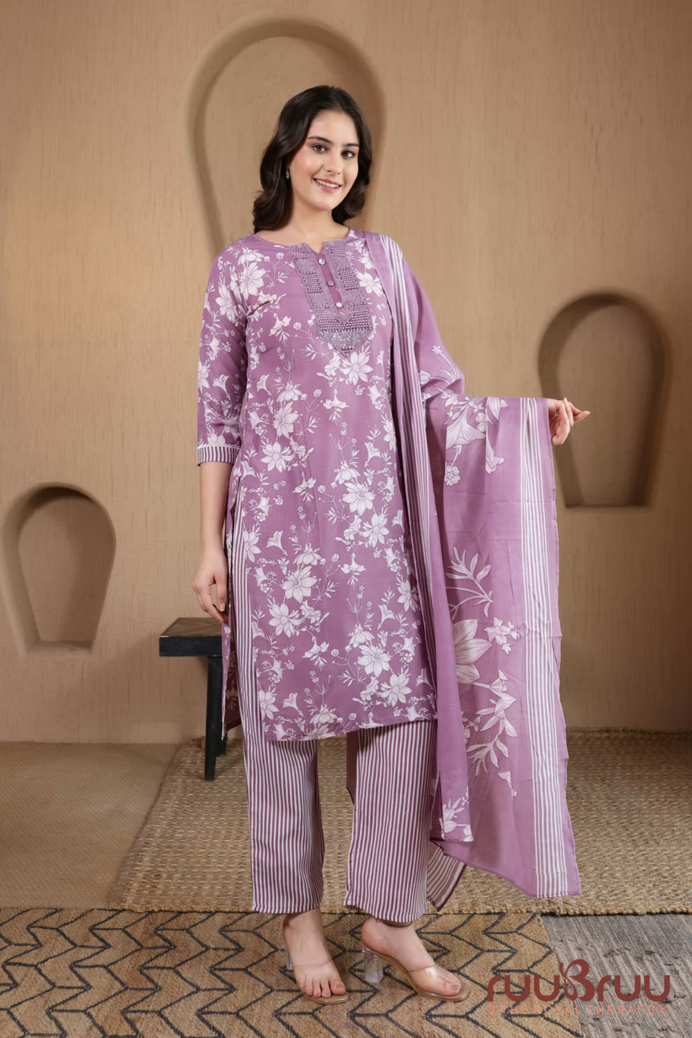 Malai Cotton 3 Pcs Suit with elegant yoke embellishment.