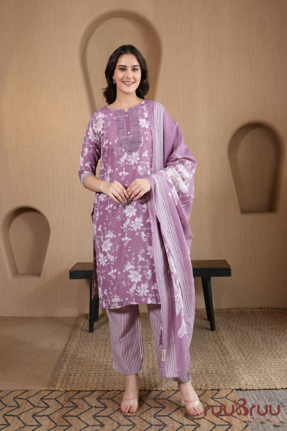 Malai Cotton 3 Pcs Suit with elegant yoke embellishment.