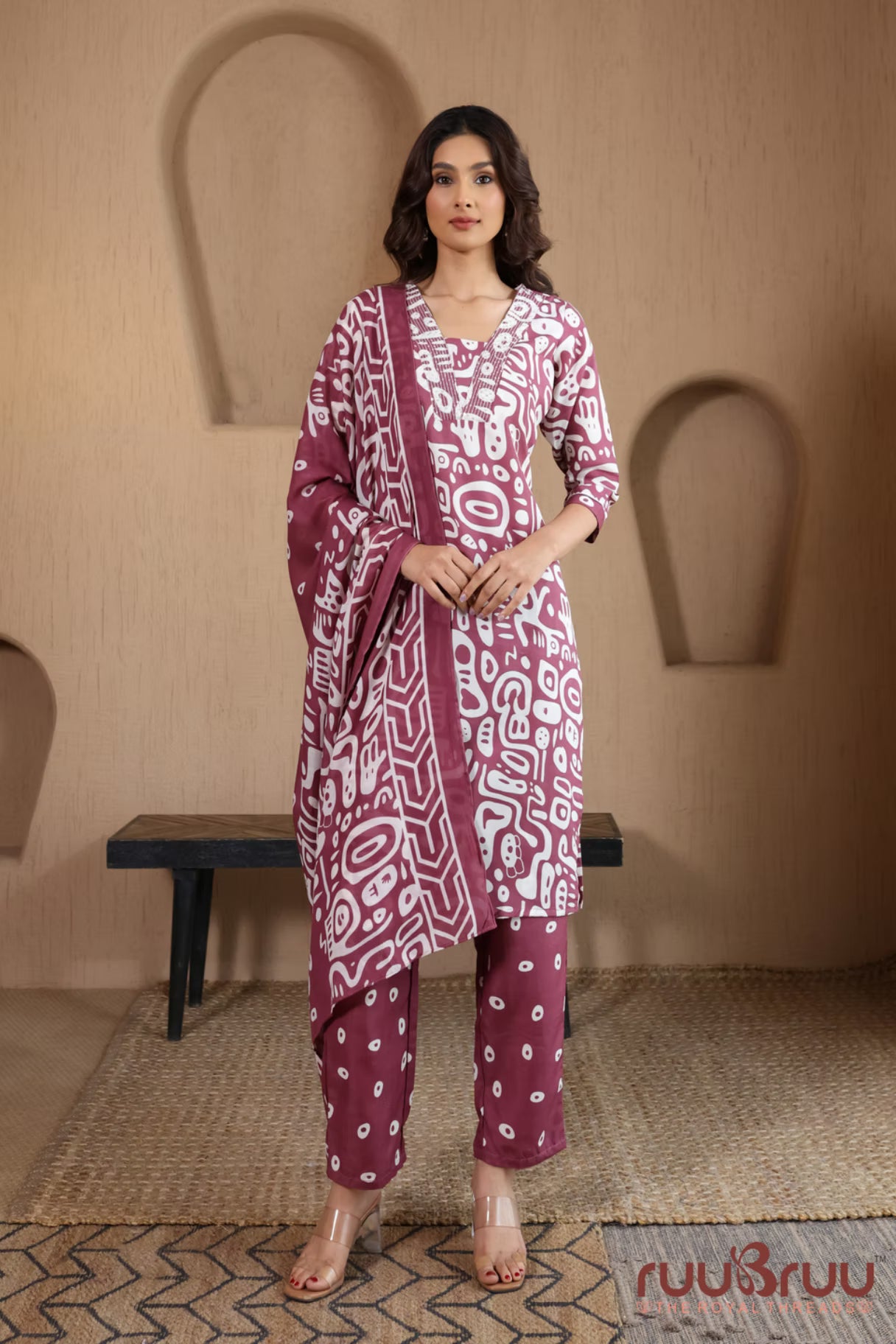 Malai Cotton 3 Pcs Suit with elegant Squin work at Neck.