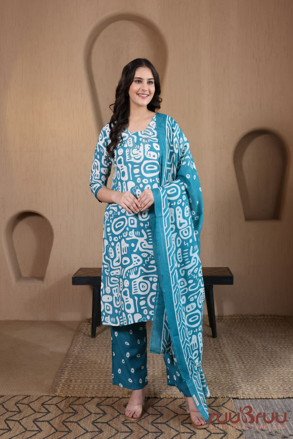 Malai Cotton 3 Pcs Suit with elegant Squin work at Neck.
