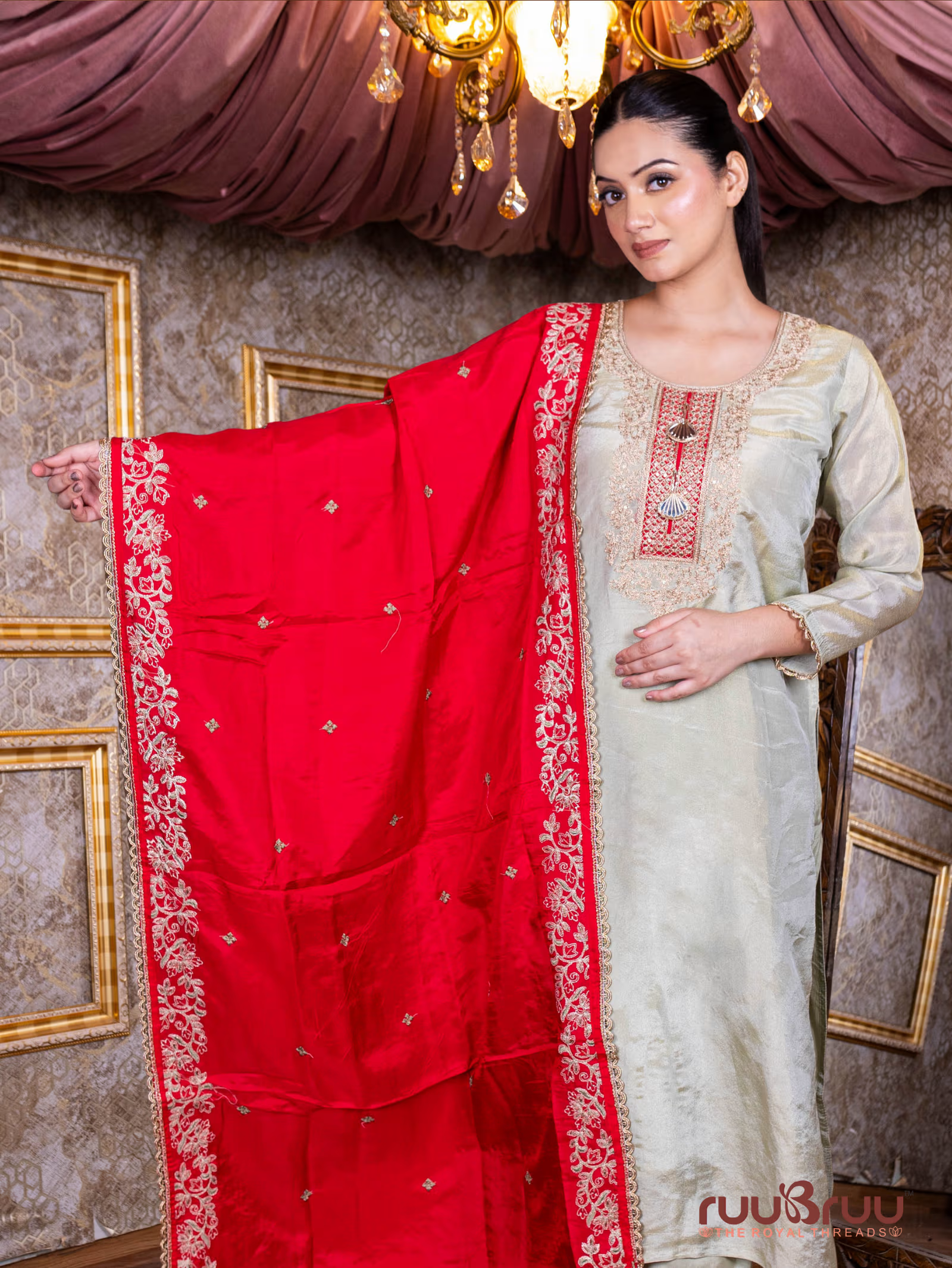 Ladies Suit, Pure Silk Shimmer with Premium Zari Embroidery