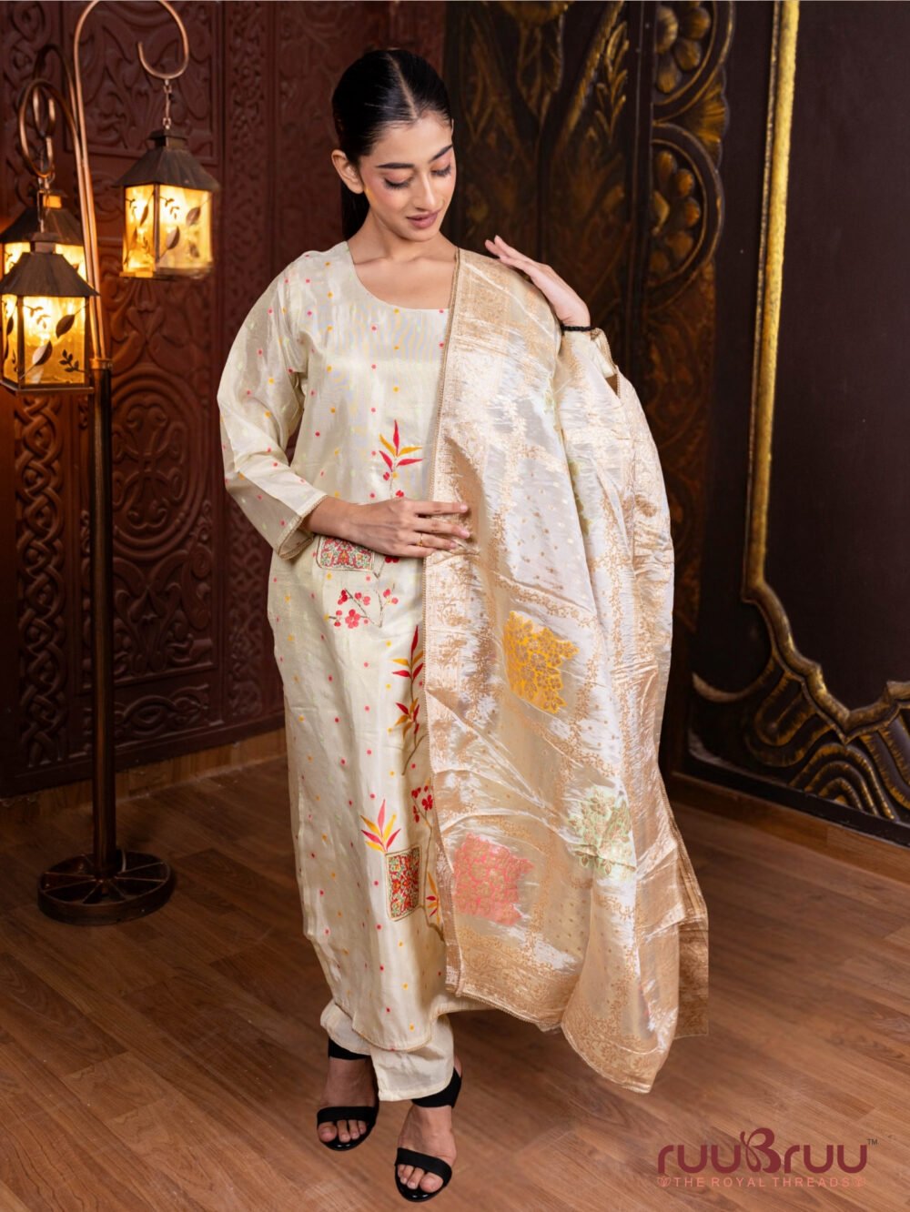 Pure Chanderi Ladies Suit with Embroidery & Banarsi Dupatta.
