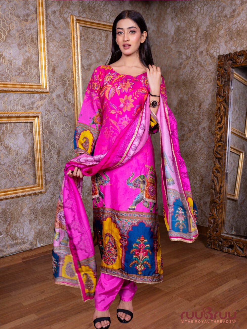 Pure Viscose Silk Ladies Suit with Zari Embroidery.