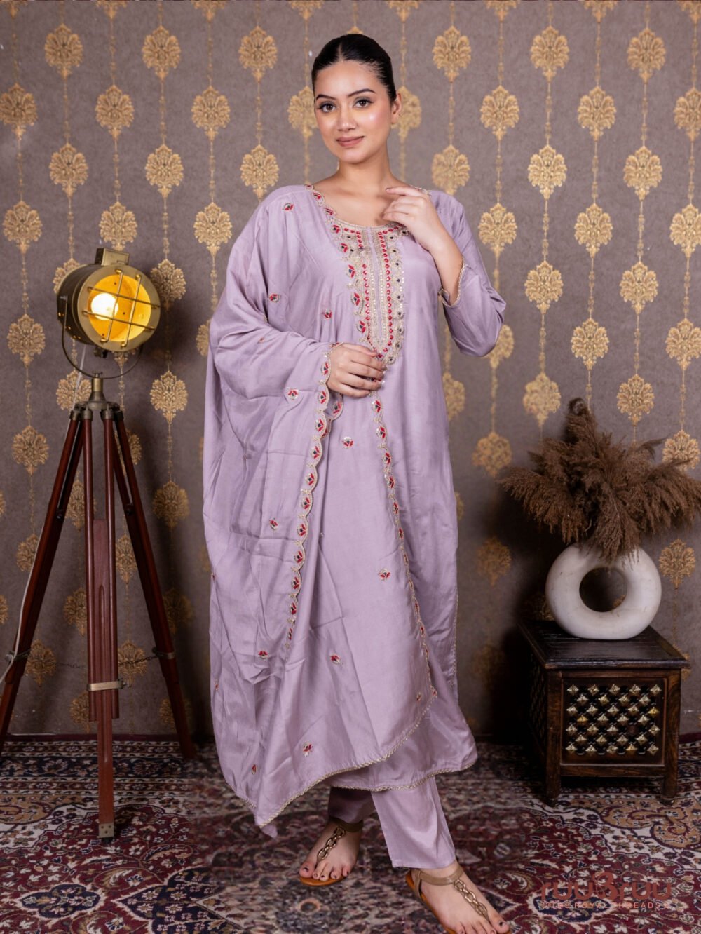 Pure Viscose Silk Ladies Suit with Heavy Embroidery at Neck & Dupatta.