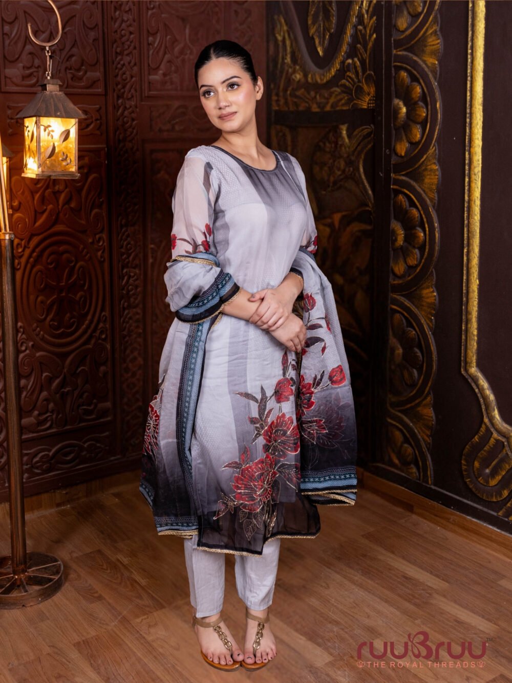 Pure Viscose Organza Ladies Suit with Digital Print & Zari Embroidery.