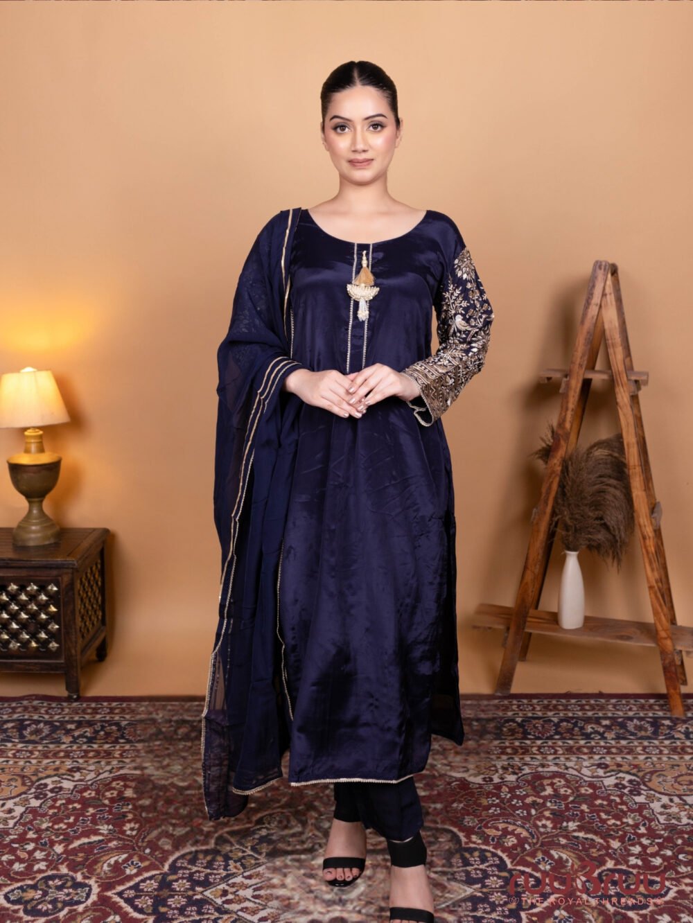 Pure Viscose Silk Crepe Ladies Suit with Heavy Embroidery on Sleeves.
