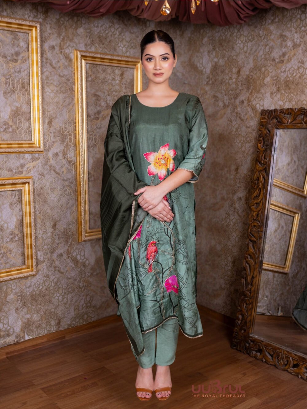 Pure Viscose Chanderi Ladies Suit with Printed Design & Embroidery Work.