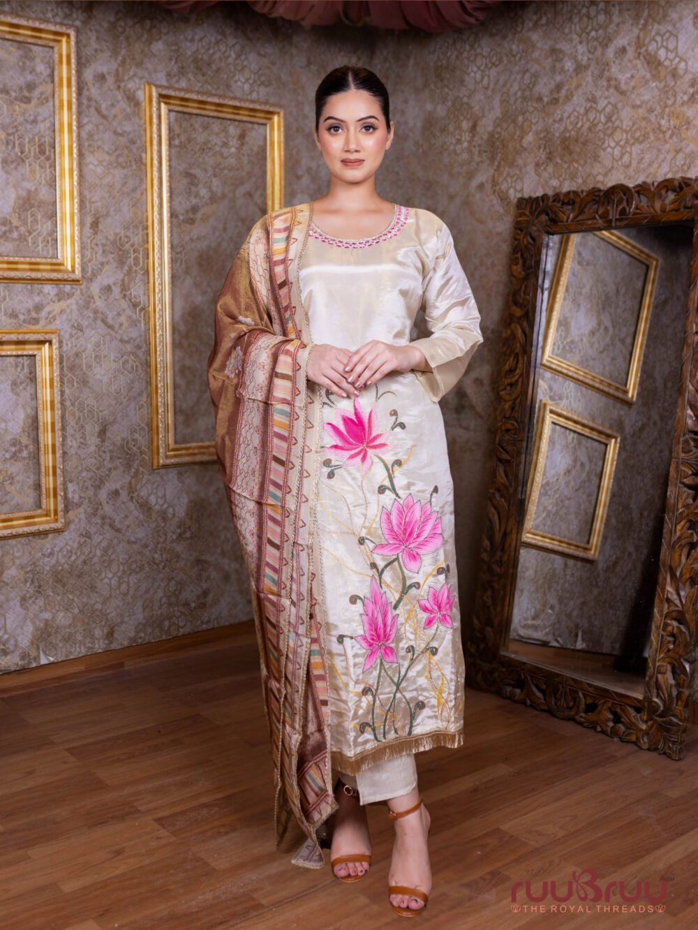 Pure Silk Shimmer Ladies Suit with Printed Design, Premium Zari & Glass Embroidery Work.