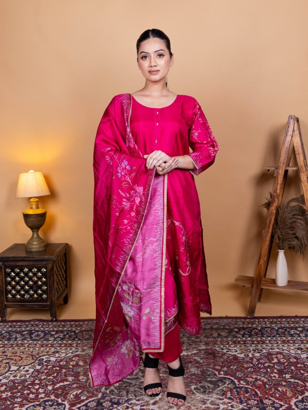Pure Viscose Silk Ladies Suit with Elegant Motif Embroidery & Digital Print.