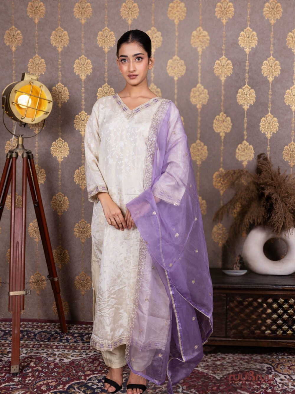 Pure Silk Jacquard Ladies Suit with Dori Embroidery at Neck