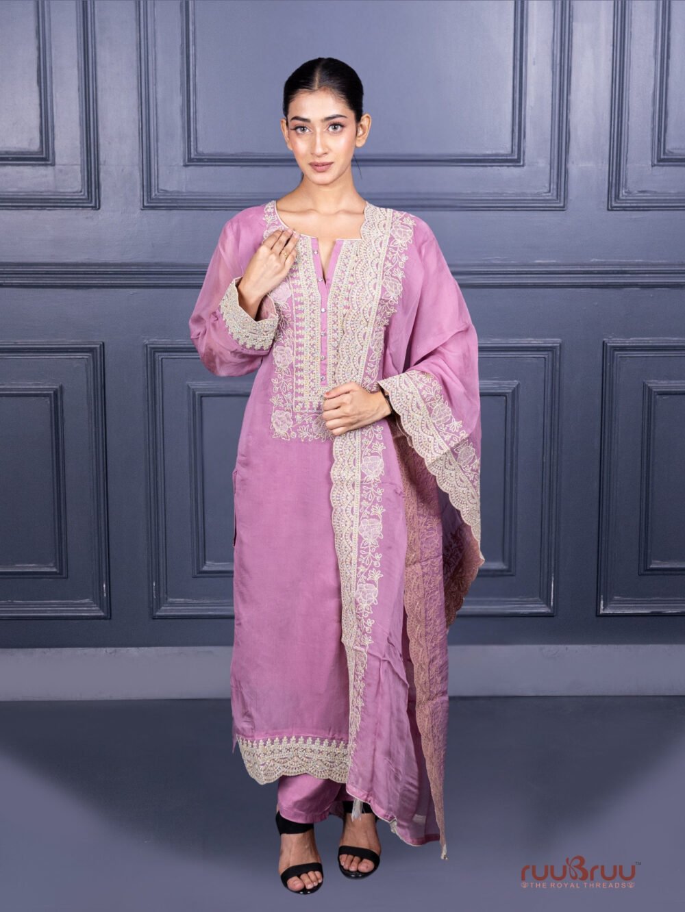 Pure Viscose Silk Ladies Suit with Heavy Embroidery on Suit & Dupatta with Tassels.