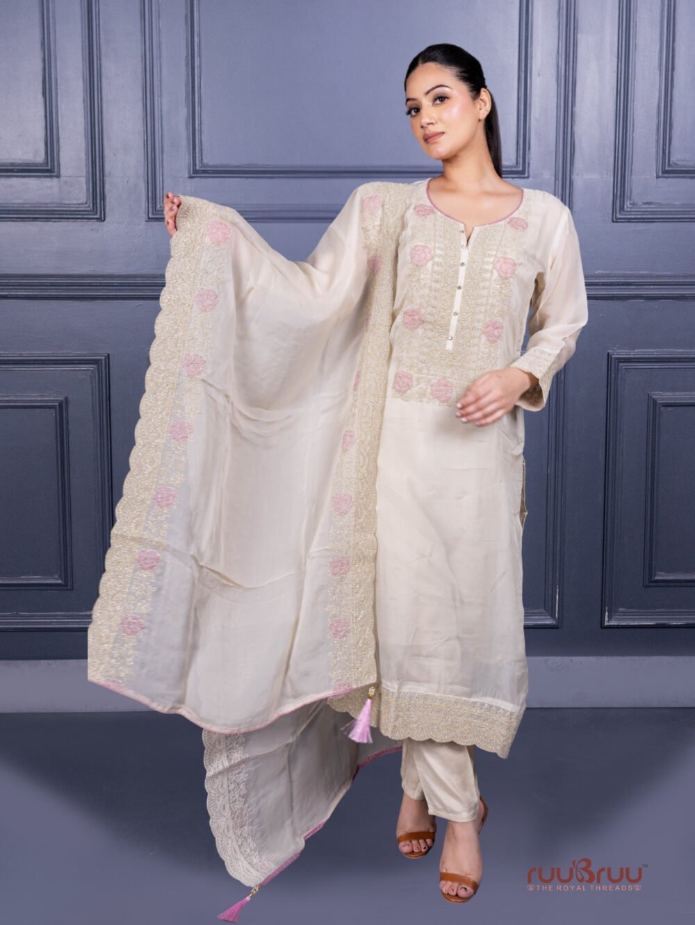 Pure Viscose Silk Ladies Suit with Heavy Embroidery on Suit & Dupatta with Tassels.