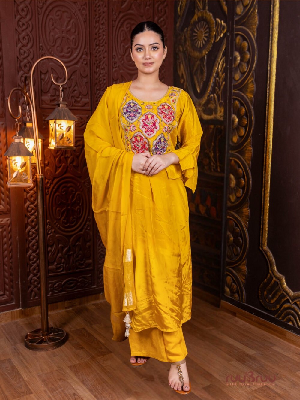 Pure Silk Shimmer Ladies Suit with Patchwork & Embroidered Bottom.