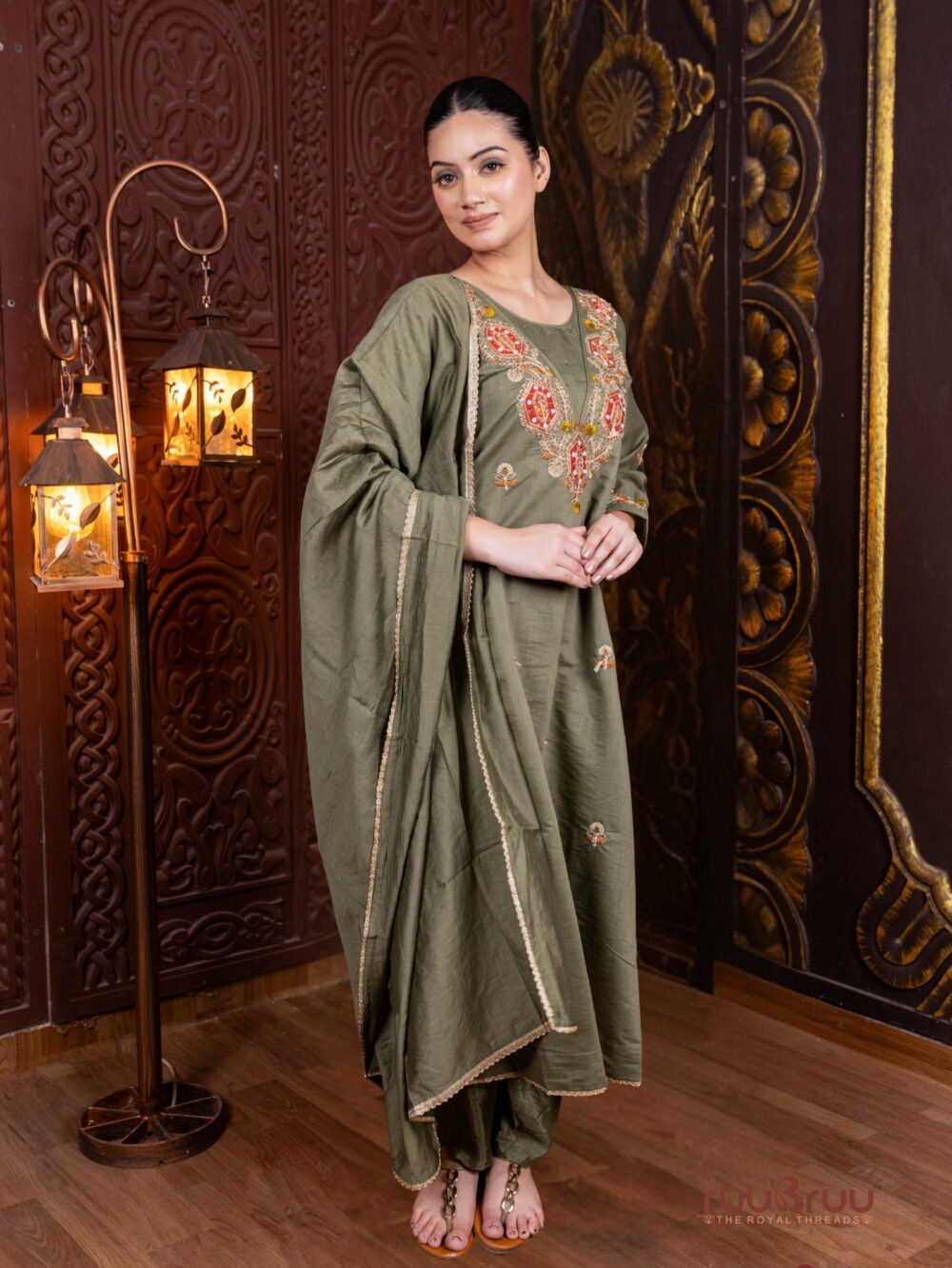 Pure Mal Chanderi Ladies Suit with Embroidery Work.