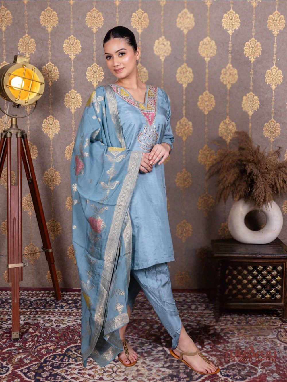 Pure Dola Silk Ladies Suit with Embroidery & Banarasi Dupatta.