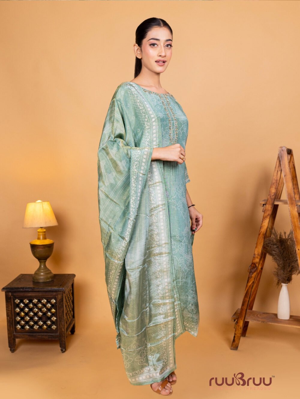 Silk Shimmer Ladies Suit with Embroidery on Neck & Digital Print.