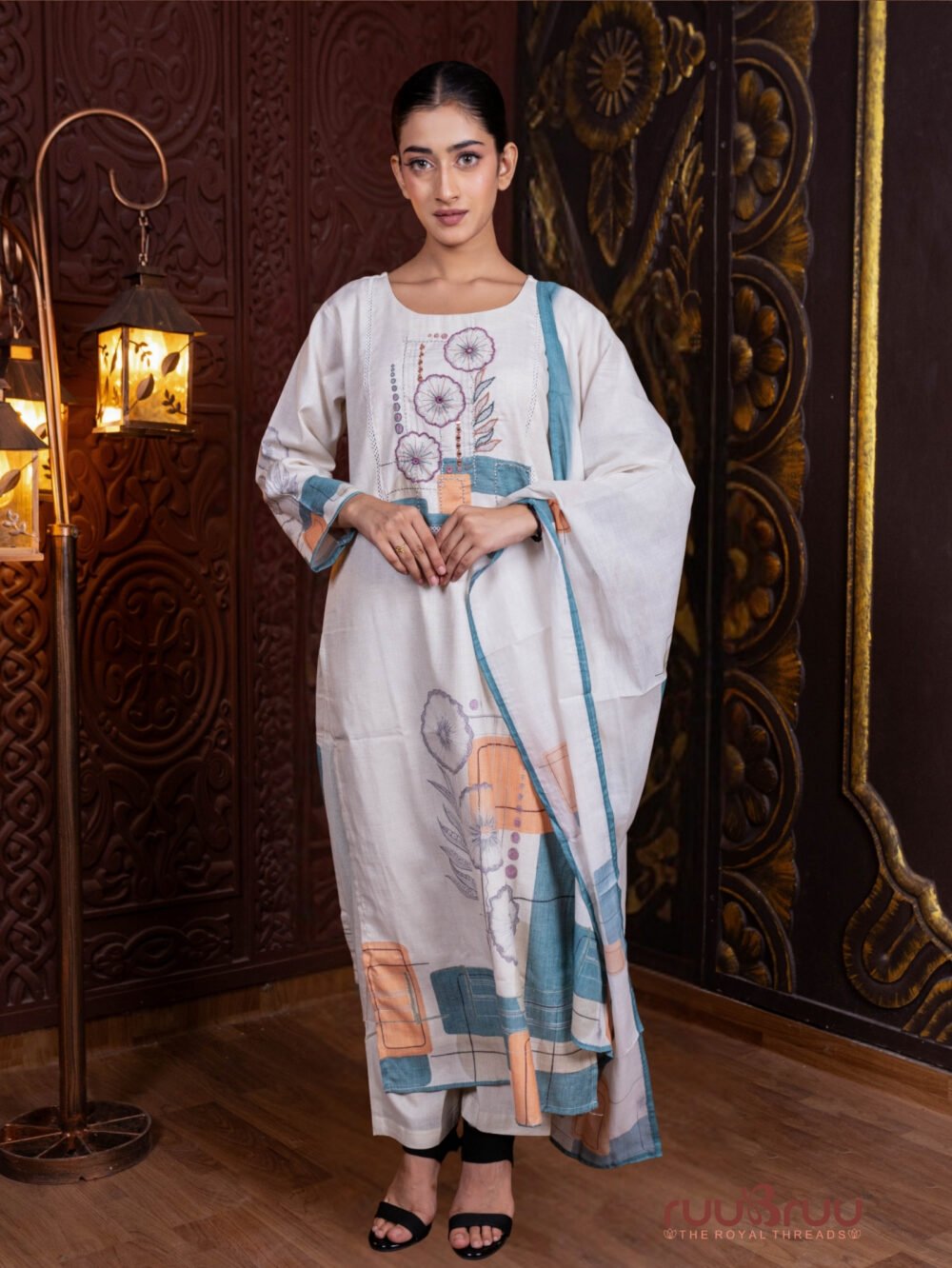 Linen Flex Ladies Suit with Hand Embroidery & Print.